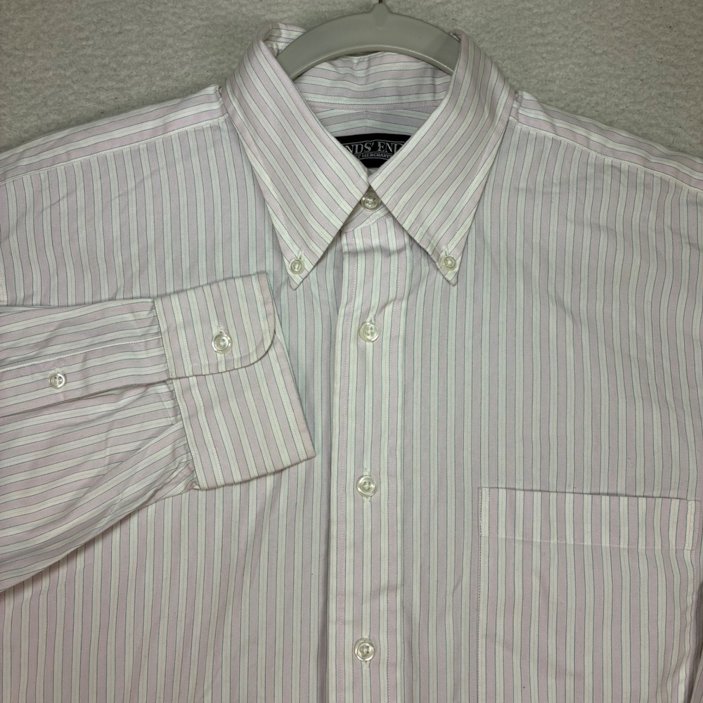 Vintage Lands End Oxford Button Shirt Men 15 33 White Pink Striped OCBD 90s